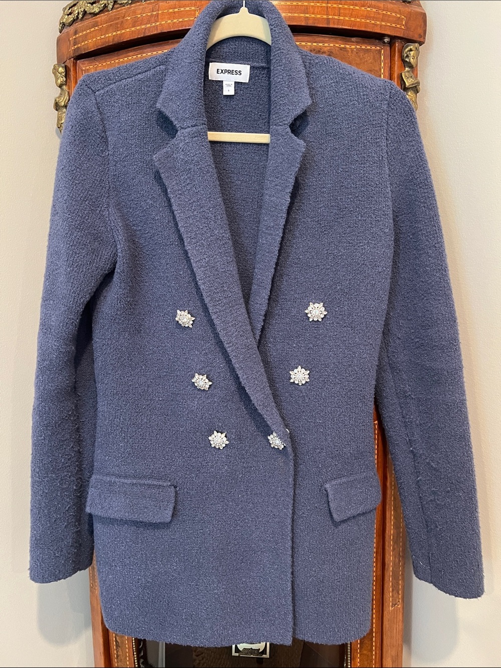 Express Navy Bouclé Double-Breasted Blazer with Crystal Buttons